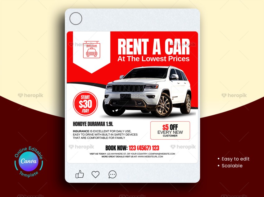 Rent A Car Instagram Post Design Canva Template