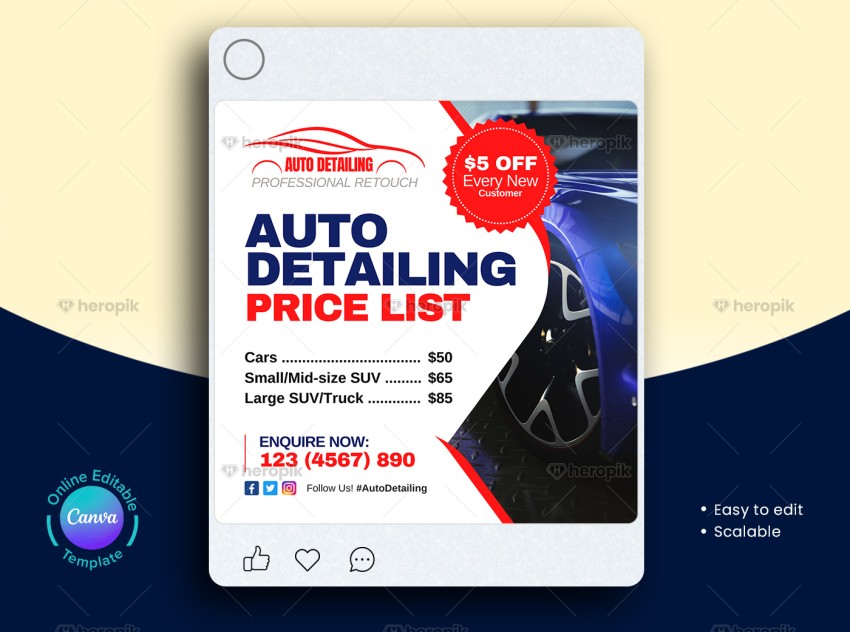 Auto Detailing Price List Instagram Post Canva Template